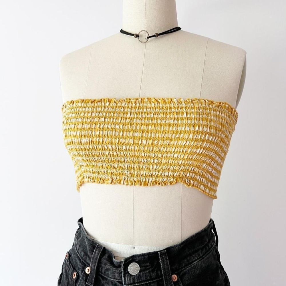 Brandy Melville Tube Top Yellow Gingham Smocked Strapless Crop Top - Picture 3 of 7